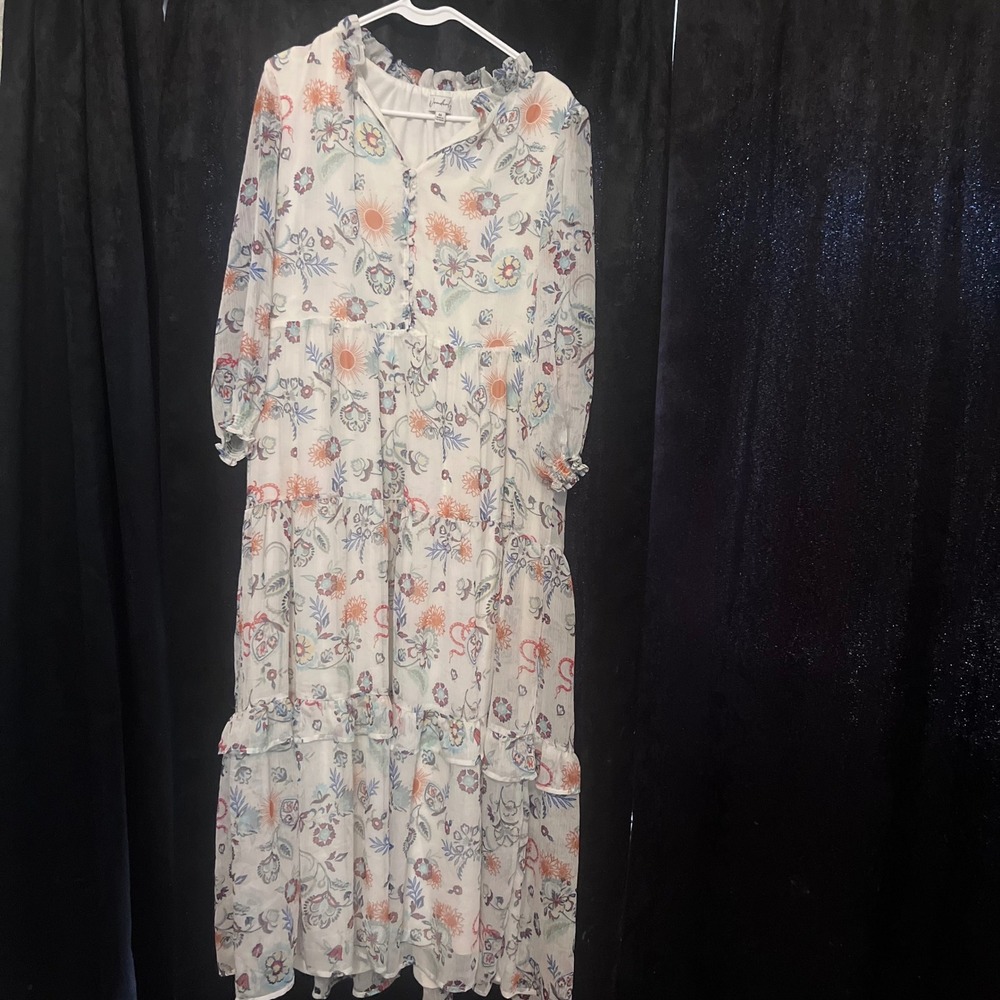 Wonderly Womens Floral Sun Print Tiered Maxi Dress Ruffle Neck White Medium